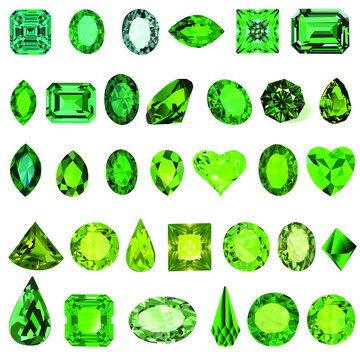Illustration set of green gems of different shades and cuts of emerald