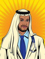 Color vector illustration in pop art style. Male Muslim doctor with a stethoscope around his neck. Portrait of a doctor of Arab appearance in a white uniform. Doctor in traditional oriental dress.