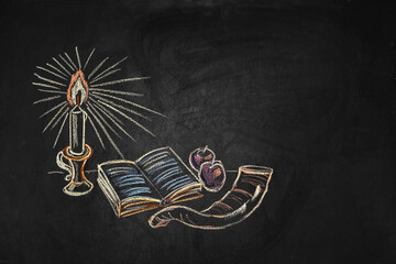 Yom Kippur greeting card with candles, apples and shofar.