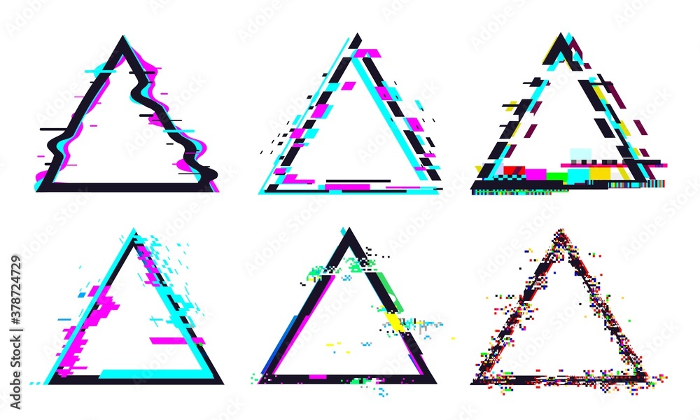 Poster glitch triangle frame. destroyed geometric shape with distorted signal or noise. light bug effects a