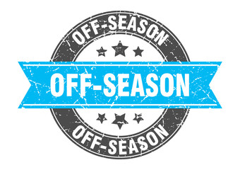 off-season round stamp with ribbon. label sign