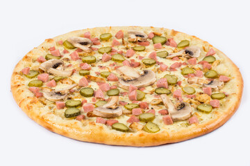 Pizza with mushrooms, pickles, sausage on a white plate