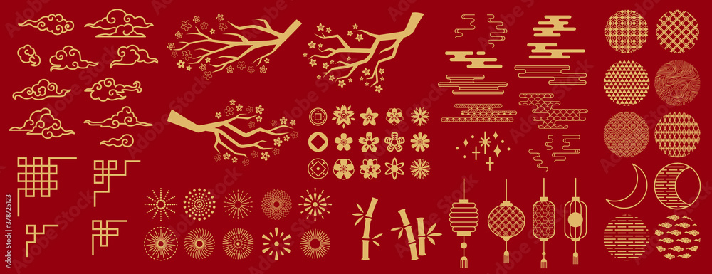 Asia elements. Chinese festive decor gold floral patterns and ornament, lanterns, clouds and moon, flowers sakura branch oriental vector set. Japanese decoration symbols as bamboo and branches