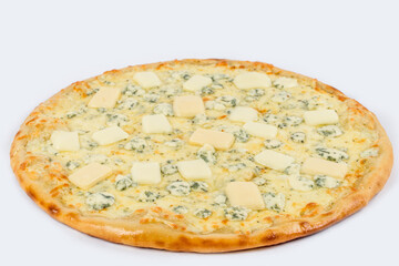 Pizza with different types of hard cheese on a white background