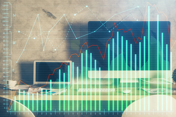 Multi exposure of chart and financial info and work space with computer background. Concept of international online trading.
