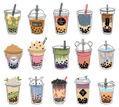 Bubble tea. Popular taiwanese pearl milk tea with balls, bubble asian tea, soft drinks in plastic cups trendy dessert colorful vector collection. Different taste cocktail with cream set