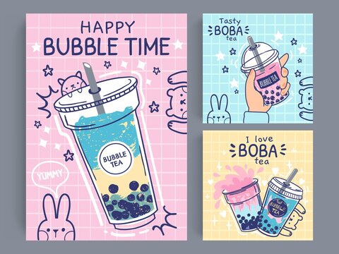 Bubble tea banner. Famous drink asian bubble tea, taiwanese green or fruit tea with balls in plastic cups, pearl milk tea flyer, promo vector poster. Tasty boba drink in take away mug