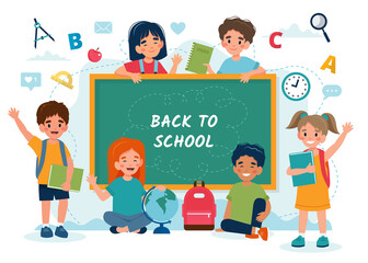 Children in class with a chalkboard, back to school concept, cute characters. illustration in flat style