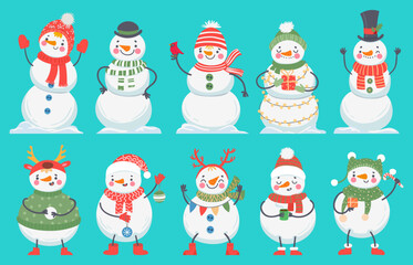 Snowman. Cute christmas snowmen in winter clothes, hats and scarf. Happy xmas vector cartoon characters with gift boxes, new year decoration as balls, colorful flags, coffee cup and candy cane