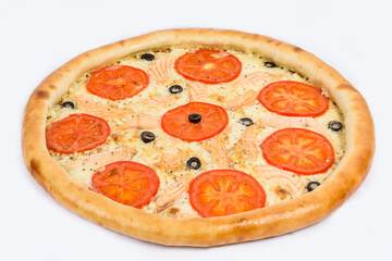 Pizza with tomatoes, olives, fish on a white background