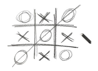 Graphite stick with tic tac toe game hatching, winner sketching isolated on white background, top view