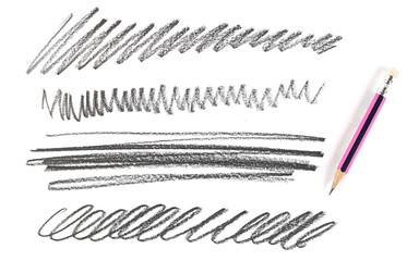 Graphite pencil with hatched lines set, sketching isolated on white background, top view