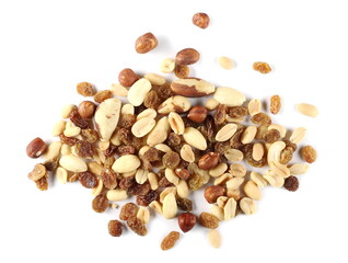 Roasted peanuts, almonds, cashews, hazelnuts, Brazil nuts and raisins, healthy snack mix isolated on white background, top view
