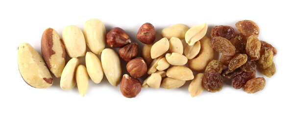Roasted peanuts, almonds, cashews, hazelnuts, Brazil nuts and raisins, healthy snack mix isolated on white background, top view