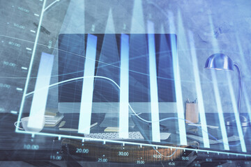 Plakat Financial market graph hologram and personal computer on background. Multi exposure. Concept of forex.