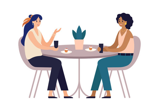 Women friends. Cafe meeting with friends. Girls sitting in restaurant at table and communicating. Characters drinking coffee and eating cupcakes. Spending leisure vector illustration