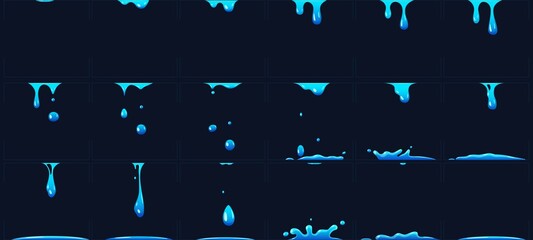 Dripping water animation, water splashes for game development. Dropping liquid in frames for cartoon. Blue fluid droplets, falling clear aqua elements forming puddles collection vector illustration