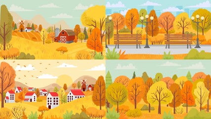 Autumn landscape, village, park, farm, forest. Country houses with yellow and orange trees and farm fields. Fall season garden with beautiful nature. Rural countryside vector illustration
