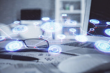 Social network theme drawing with glasses on the table background. Concept of people media connection. Double exposure.