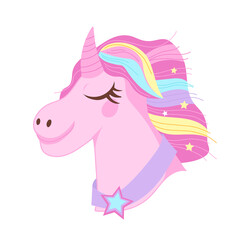 Obraz na płótnie Canvas Unicorn with rainbow hair cartoon color icon, flat vector illustration isolated on white. Head of unicorn fantasy horse for stickers or children clothing prints.