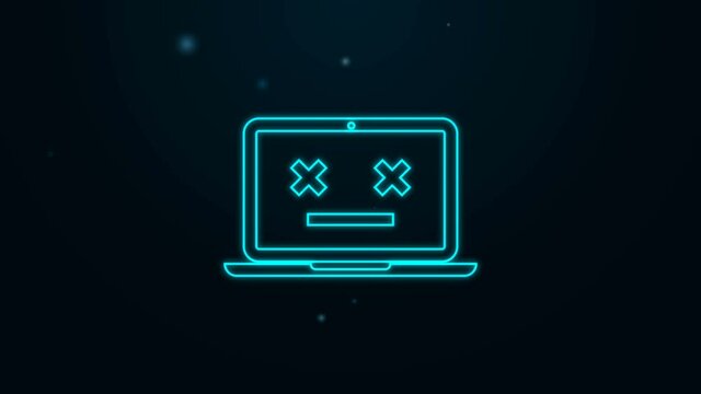 Glowing neon line Dead laptop icon isolated on black background. 404 error like laptop with dead emoji. Fatal error in pc system. 4K Video motion graphic animation.