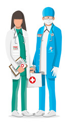 Two doctors in coat with stethoscope and case. Medical suit with different pills and medical devices in pockets. Healthcare staff, hospital and medical diagnostics. Vector illustration in flat style