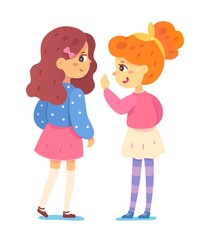 Little girls talking isolated illustration. Happy cute kids standing during break, smiling. Education vector illustration. Children friendship.