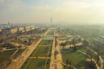 Field of Mars in Paris, France on a foggy and hazy winter morning