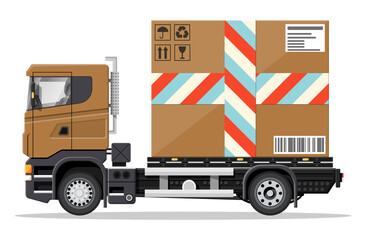 Brown delivery van with big cardboard box isolated on white. Express delivering services commercial truck. Concept of fast free delivery by car. Cargo and logistic. Cartoon flat vector illustration