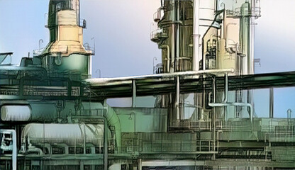 夕陽の中の石油コンビナ－ト