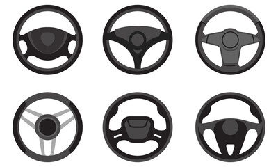 Set of different steering wheels. Car parts in flat style.