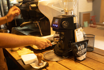Process of preparing, brewing white cup of espresso, americano.