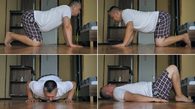 multiscreen collage overweight man doing weight loss exercises at home on the floor. fitness for fat. Overweight, obesity