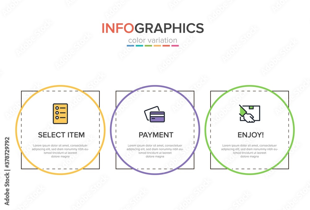 Wall mural concept of shopping process with 3 successive steps. three colorful graphic elements. timeline desig