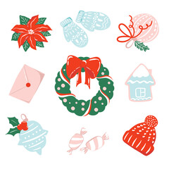 Collection of Christmas theme illustrations isolated on white background. Holiday season clipart