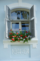 old  blue house in Romania Brasov  Roades,2019 si flori la geam