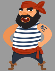 Pirate with hands on his belt. Male character in cartoon style.