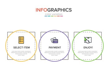 Concept of shopping process with 3 successive steps. Three colorful graphic elements. Timeline design for brochure, presentation, web site. Infographic design layout.