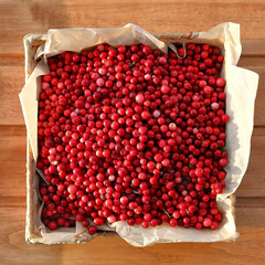 Basket of cranberries on a wooden table.