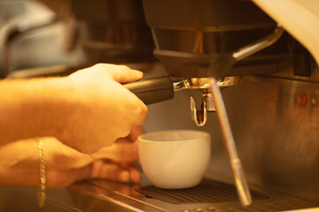 Process of preparing, brewing white cup of espresso, americano.