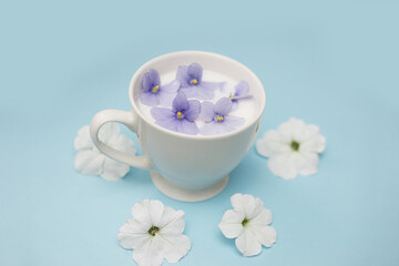 Fototapeta na wymiar White Cup with vegan milk and flowers on a blue background. The concept of vegetarian drinks and food, herbal teas, beauty and health. Spa salon, copy space. Close-up photo