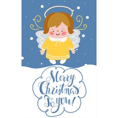Cozy cute greeting card with a picture of a little angel and a decorative composition of words, lettering. Vector illustration in cartoon style for postcard printing or digital use.