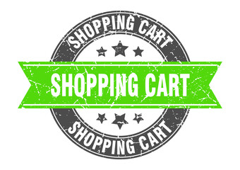 shopping cart round stamp with ribbon. label sign