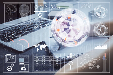 Multi exposure of writing hands on background with data solution hologram. Technology concept.