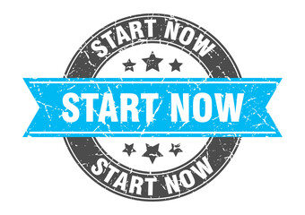 start now round stamp with ribbon. label sign