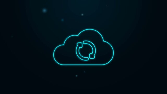 Glowing neon line Cloud sync refresh icon isolated on black background. Cloud and arrows. 4K Video motion graphic animation.