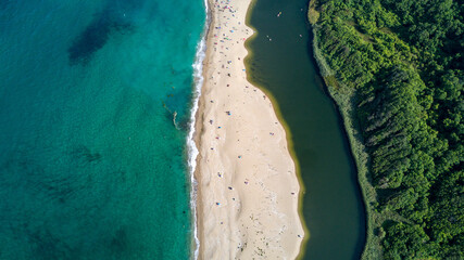 aerial view drone sea, beach and river