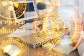 Tech theme hologram over woman's hands taking notes background. Concept of hightech. Double exposure