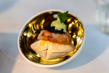 Beautiful decorated dish of international fusion cuisine