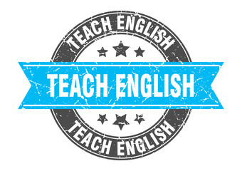 teach english round stamp with ribbon. label sign